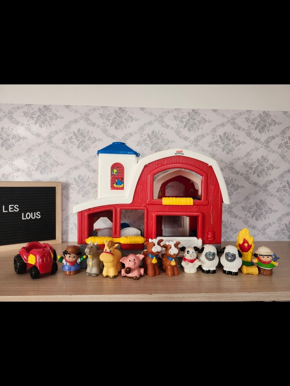 Fisher-Price Red and White Farm Barn Playset with Blue Roof and Assorted Figures